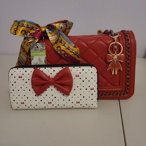 Badgely Mischka Vegan Leather Red Quilted Crossbody Bag with Bow Charm